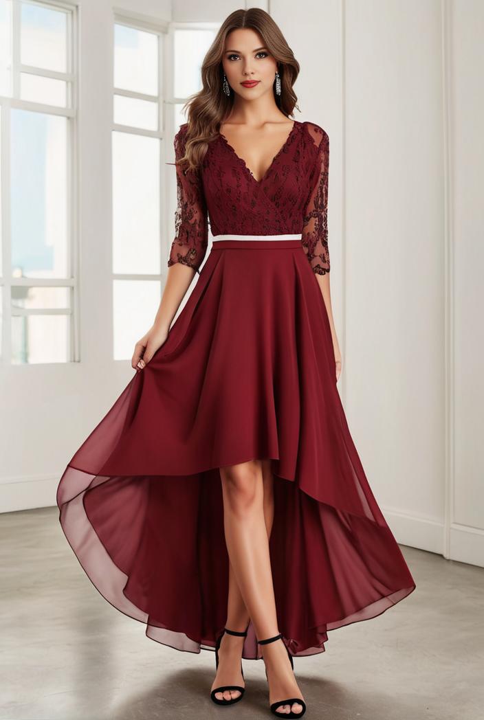 3 4 sleeve sheer sequin stripe high low hem evening dress 132318