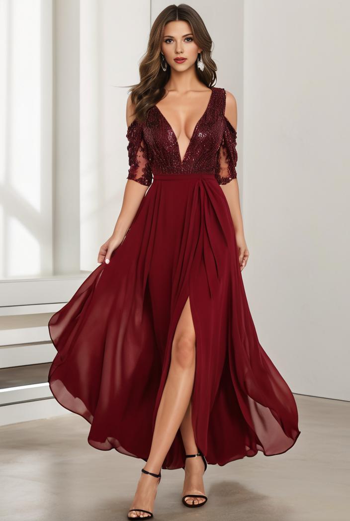 3 4 sleeve sheer sequin stripe high low hem evening dress 132319