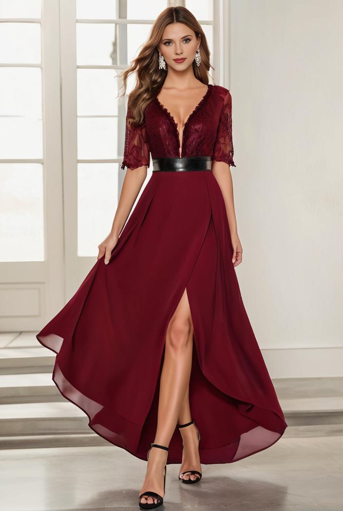3 4 sleeve sheer sequin stripe high low hem evening dress 132322