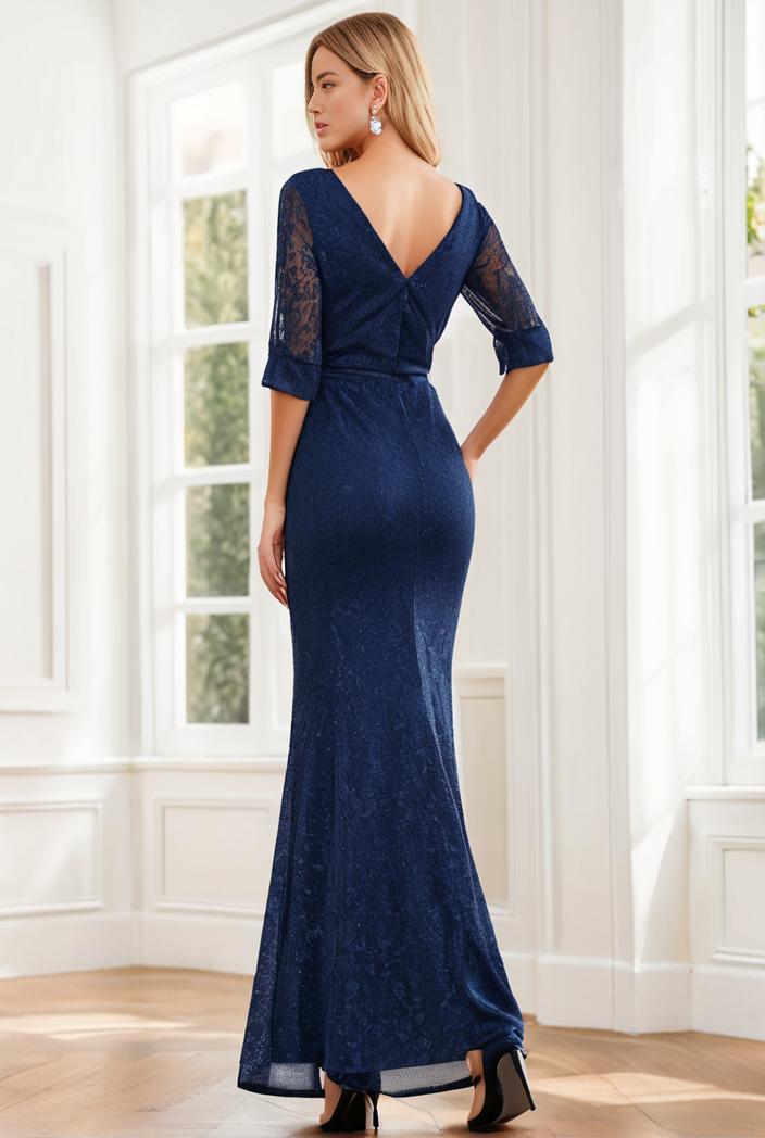 3 4 sleeve bodycon plunging back sequin evening dress 118753