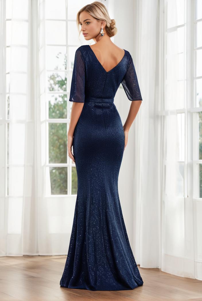 3 4 sleeve bodycon plunging back sequin evening dress 137438