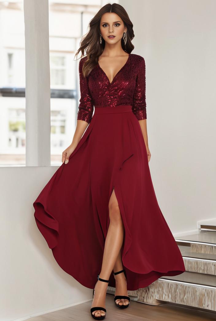 3 4 sleeve sheer sequin stripe high low hem evening dress 128760