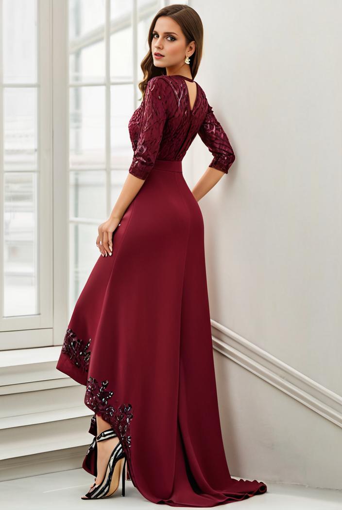 3 4 sleeve sheer sequin stripe high low hem evening dress 128781