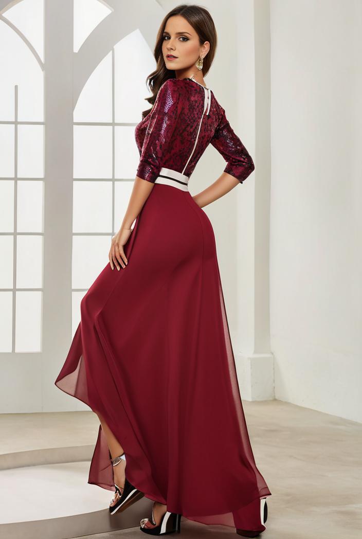 3 4 sleeve sheer sequin stripe high low hem evening dress 128783