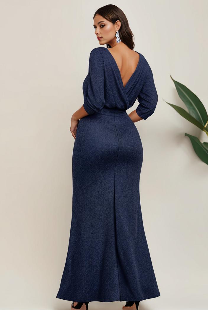 3 4 sleeve bodycon plunging back sequin evening dress 146681