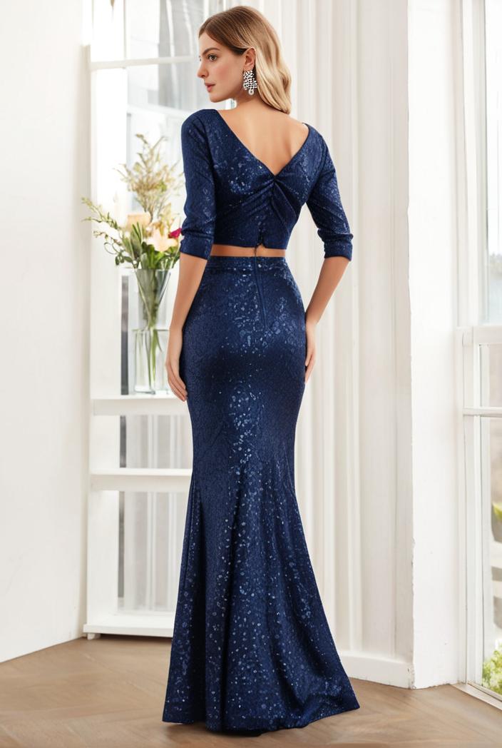 3 4 sleeve bodycon plunging back sequin evening dress 141996