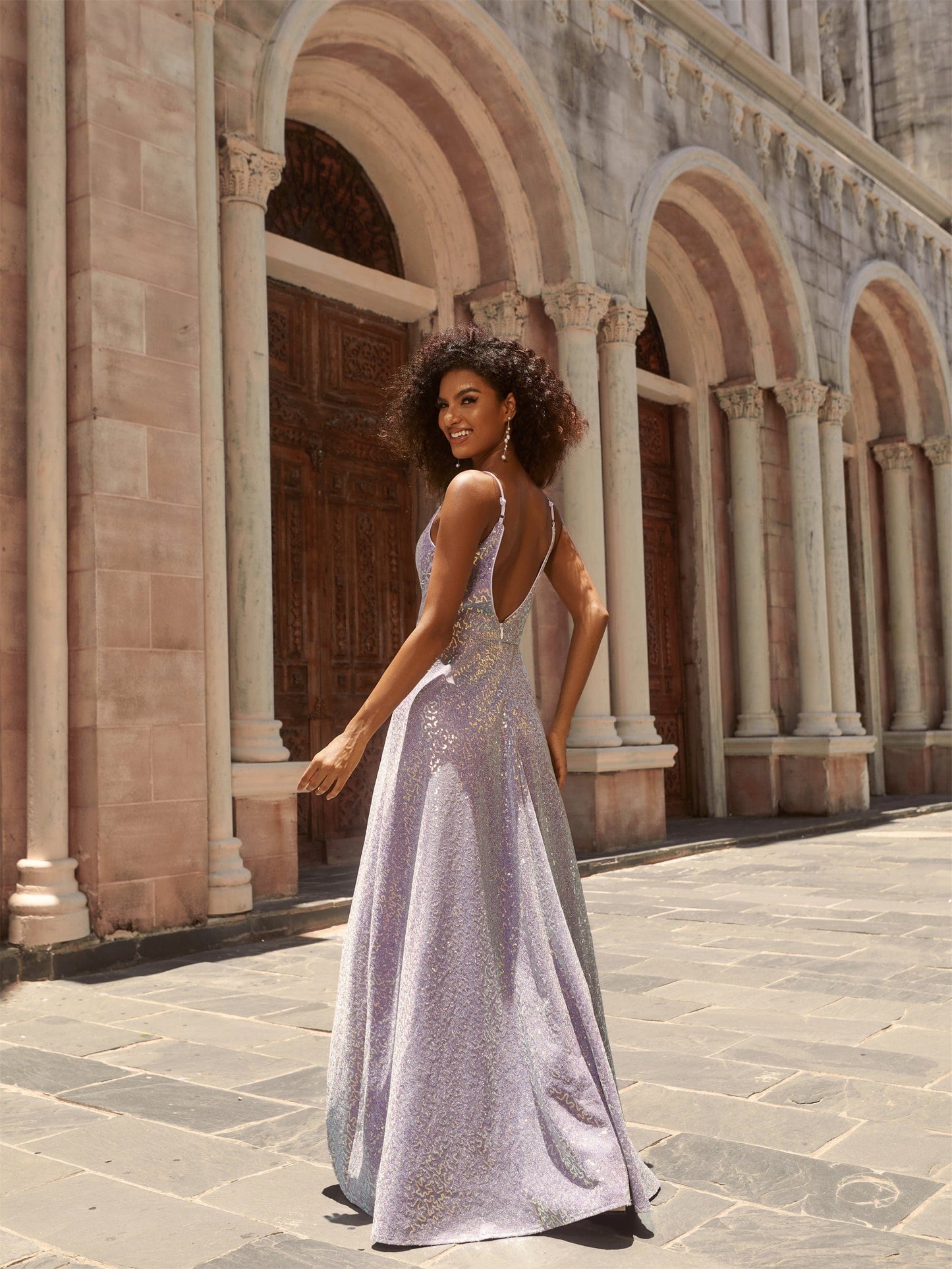 Dazzling Sequin Spaghetti Strap High-Low Open-Back Evening Gown