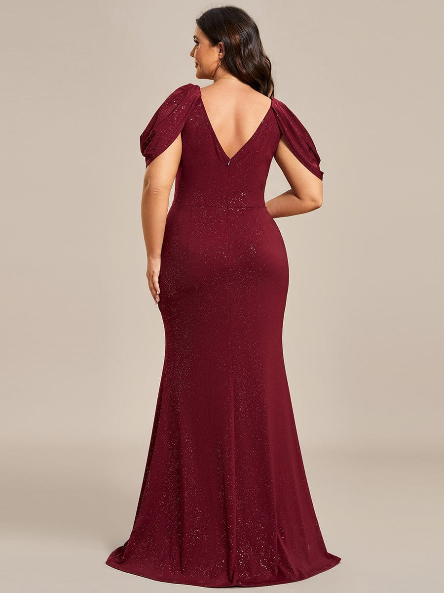 Sparkling Cold Shoulder Evening Dress with Puff Sleeves and Shiny Backless Belt
