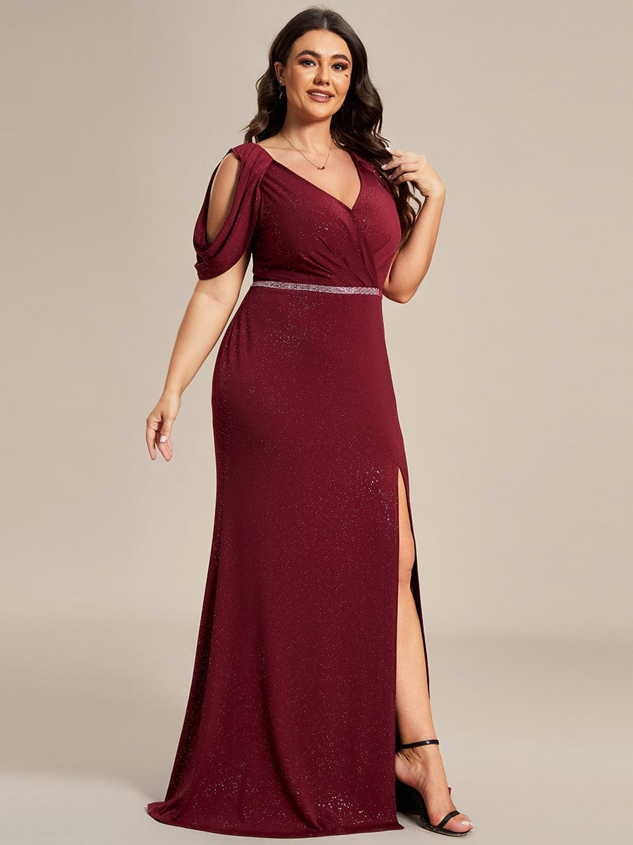 Sparkling Cold Shoulder Evening Dress with Puff Sleeves and Shiny Backless Belt