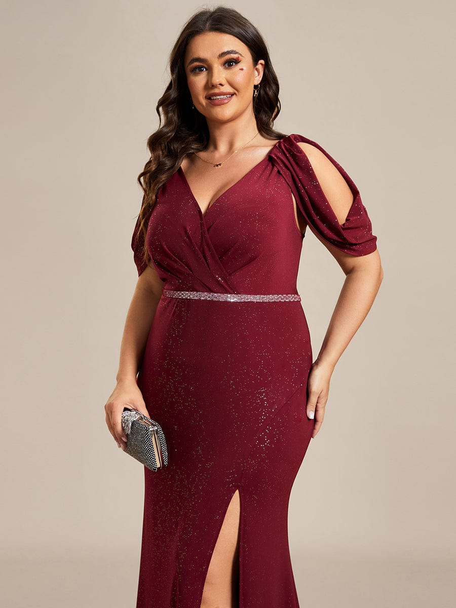 Sparkling Cold Shoulder Evening Dress with Puff Sleeves and Shiny Backless Belt