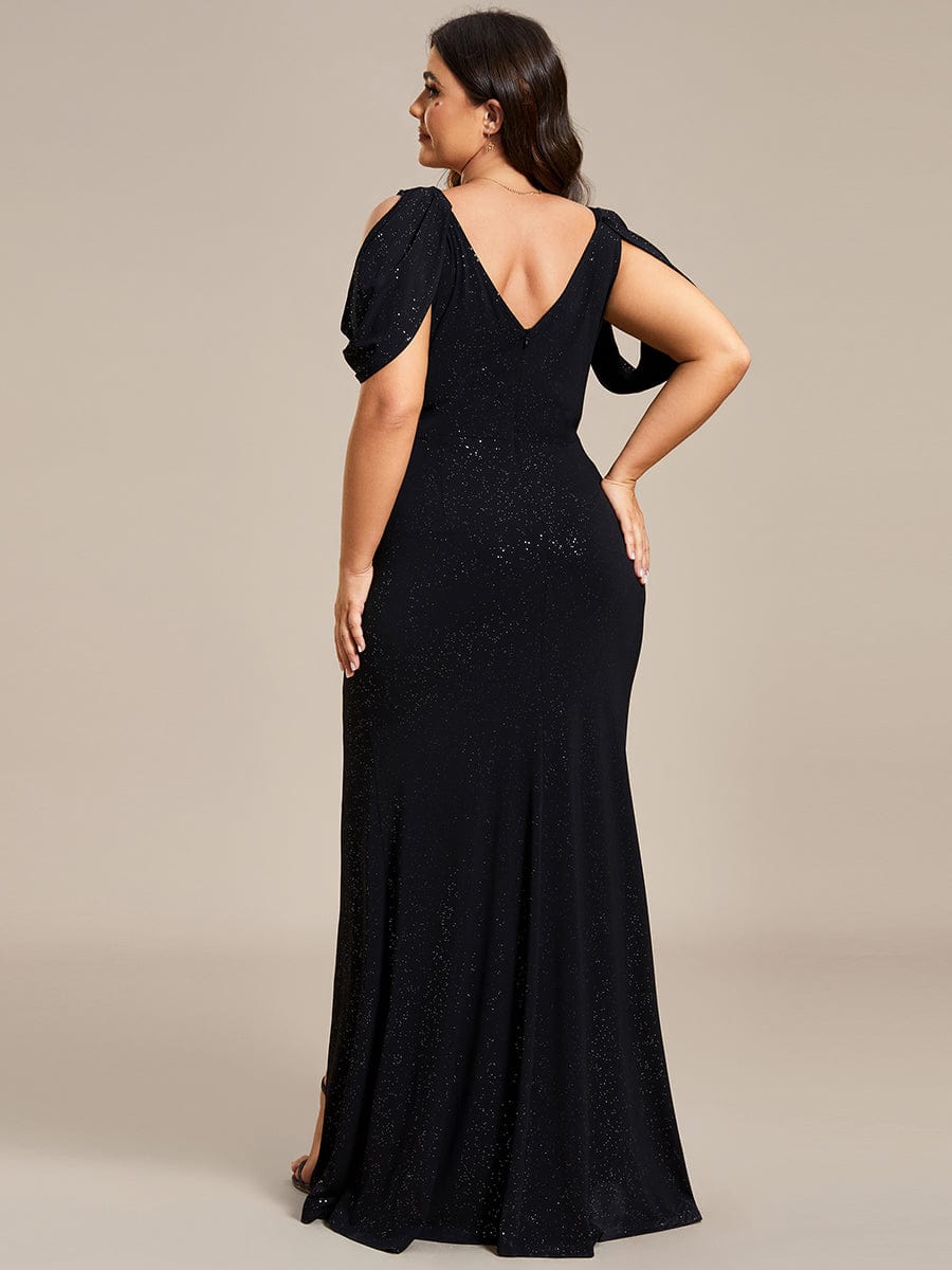 Sparkling Cold Shoulder Evening Dress with Puff Sleeves and Shiny Backless Belt