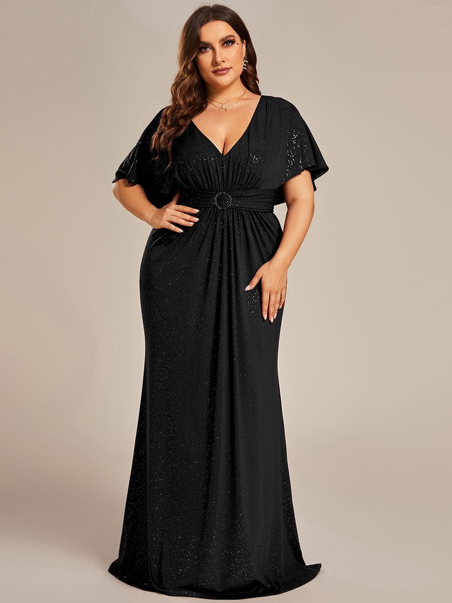 Mermaid Evening Dress with Glitter Bat-Wing Sleeves and Waist-Cinching Opportunity