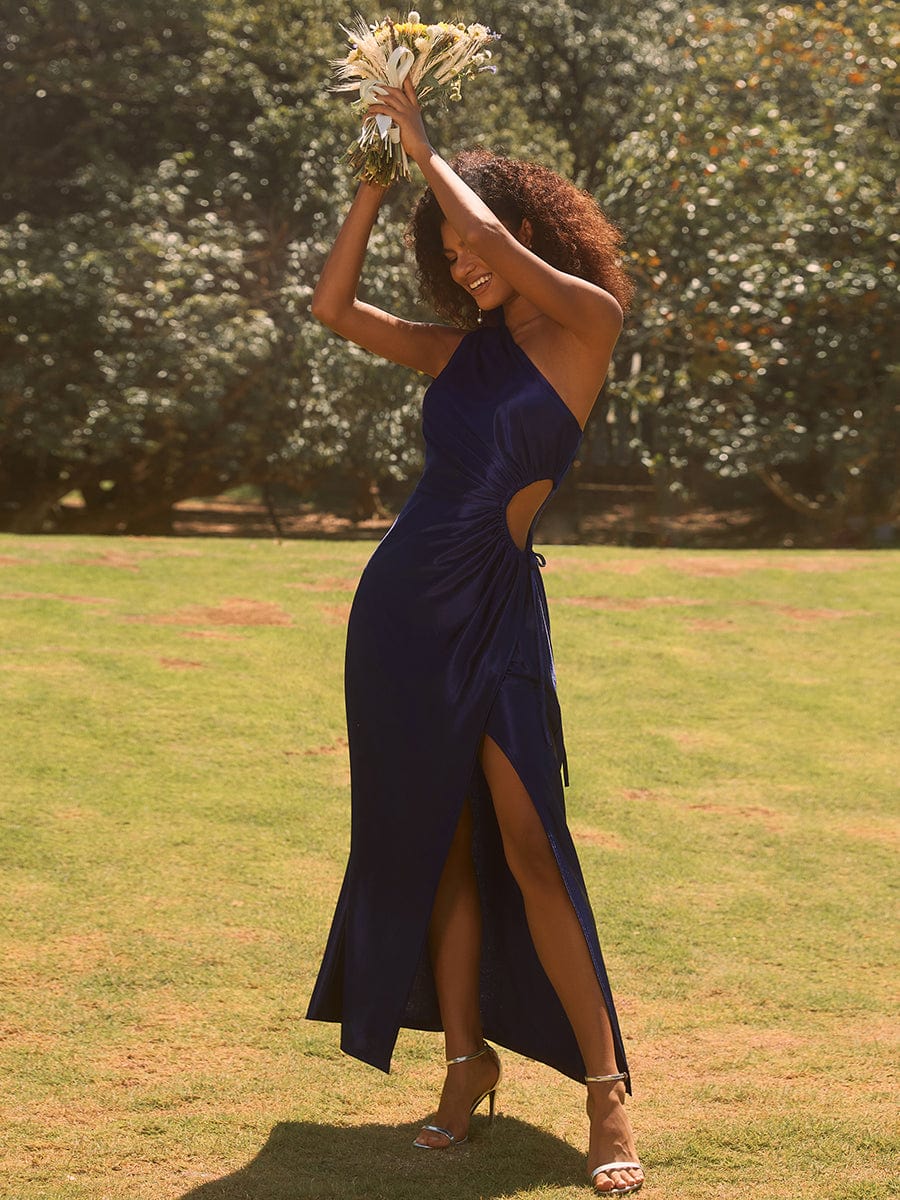 Elegant One Shoulder Hollow-Out Satin Wedding Guest Dress with Elastic Waistband