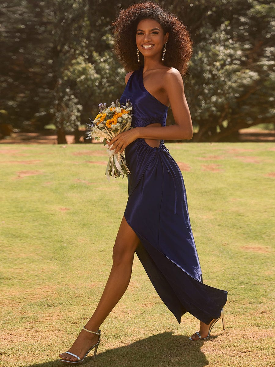Elegant One Shoulder Hollow-Out Satin Wedding Guest Dress with Elastic Waistband