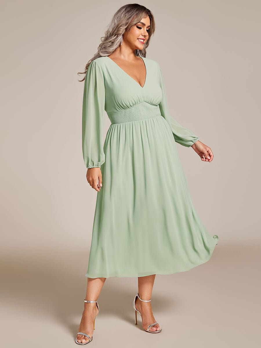 Voluminous Long Sleeve V-Neck Chiffon Midi Wedding Guest Dress for Plus Size Women