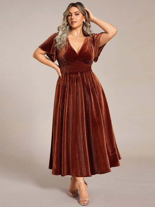 A-line V-Neck Short Sleeve Velvet Fall Wedding Guest Tea Length Dress for Plus Size Women