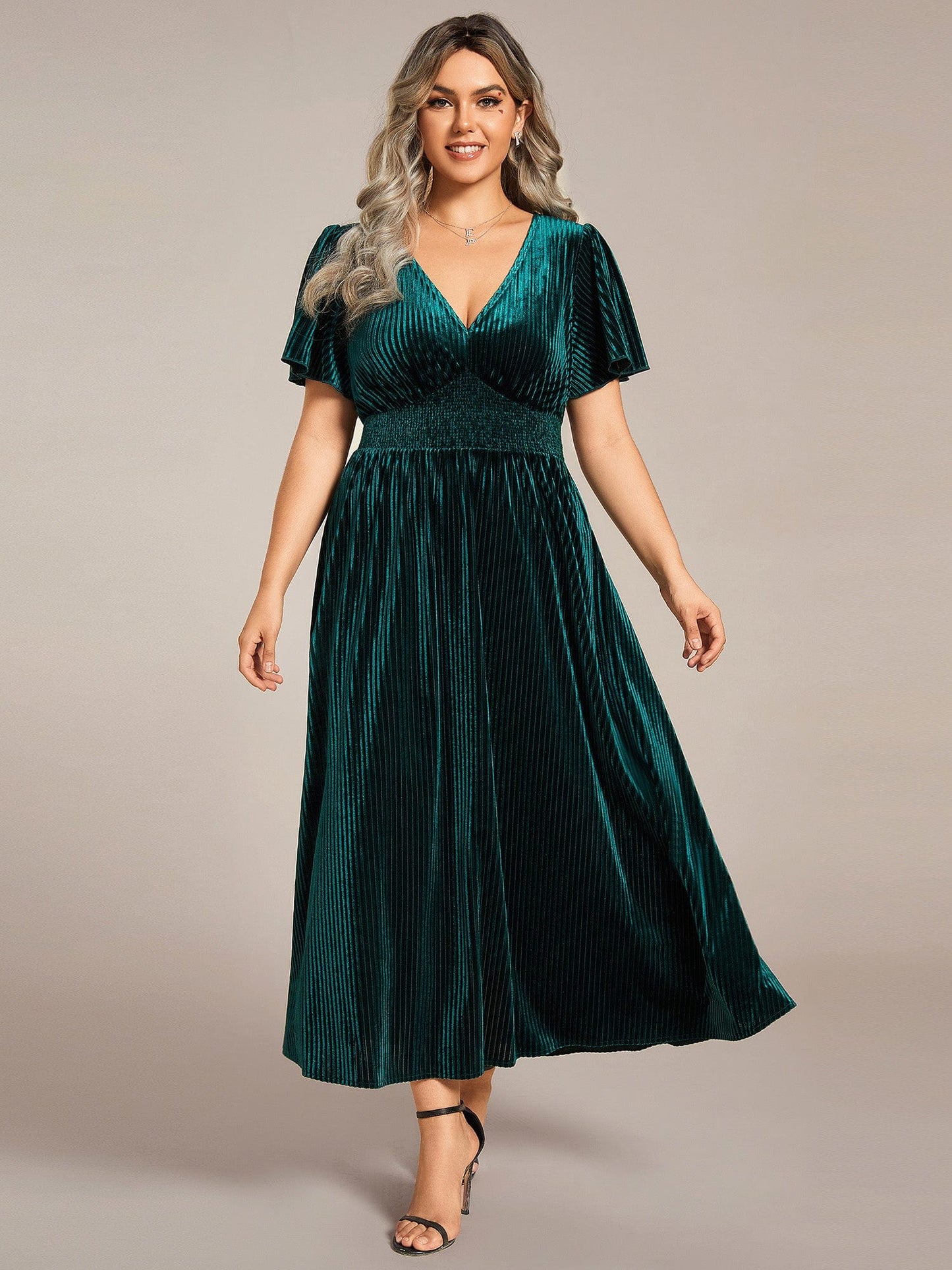 A-line V-Neck Short Sleeve Velvet Fall Wedding Guest Tea Length Dress for Plus Size Women