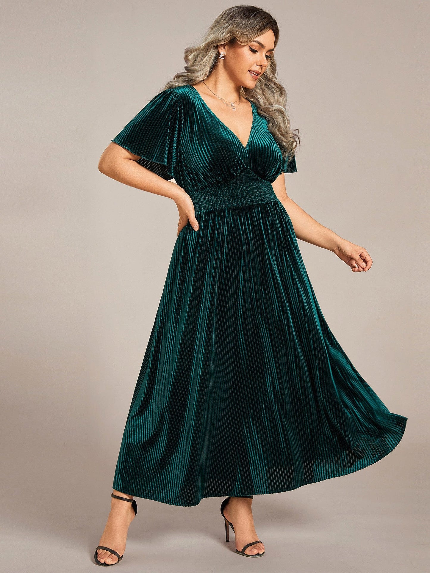 A-line V-Neck Short Sleeve Velvet Fall Wedding Guest Tea Length Dress for Plus Size Women