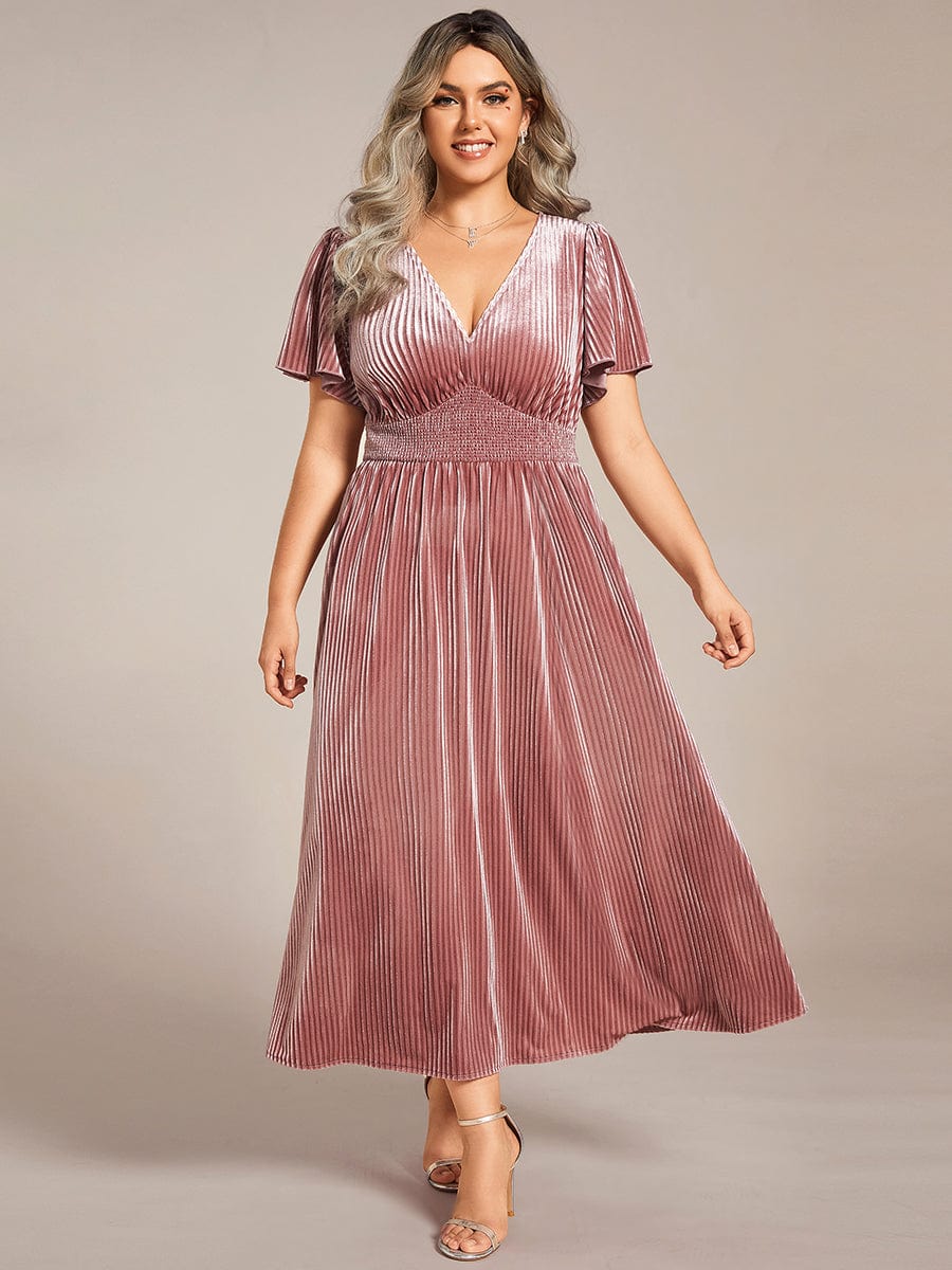 A-line V-Neck Short Sleeve Velvet Fall Wedding Guest Tea Length Dress for Plus Size Women