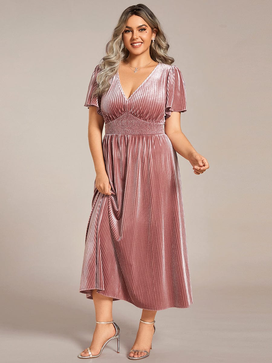 A-line V-Neck Short Sleeve Velvet Fall Wedding Guest Tea Length Dress for Plus Size Women
