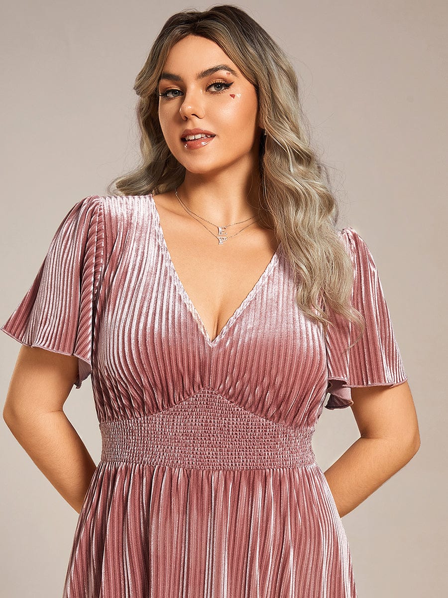 A-line V-Neck Short Sleeve Velvet Fall Wedding Guest Tea Length Dress for Plus Size Women