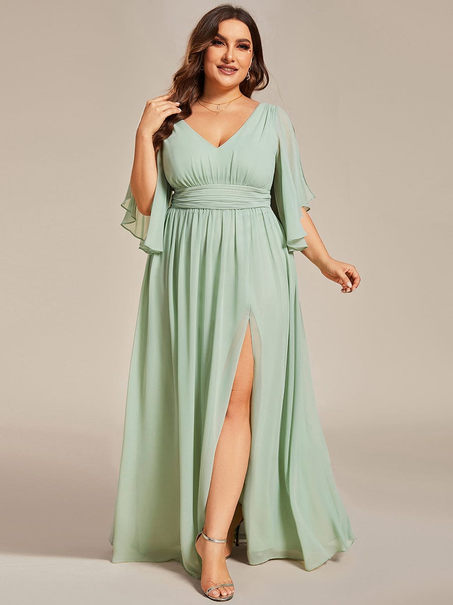 Chiffon V-Neck A-Line Bridesmaid Dress with Half Sleeves for Plus Size