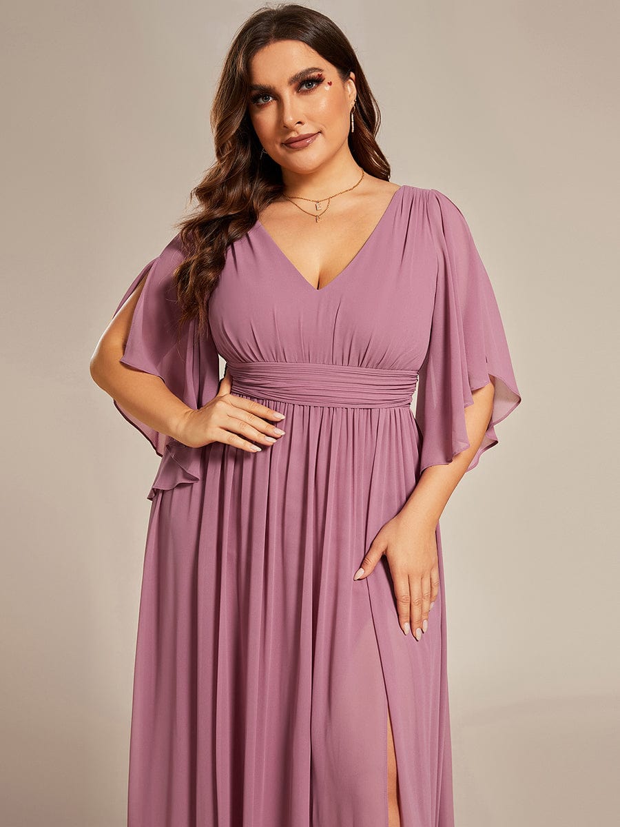 Chiffon V-Neck A-Line Bridesmaid Dress with Half Sleeves for Plus Size