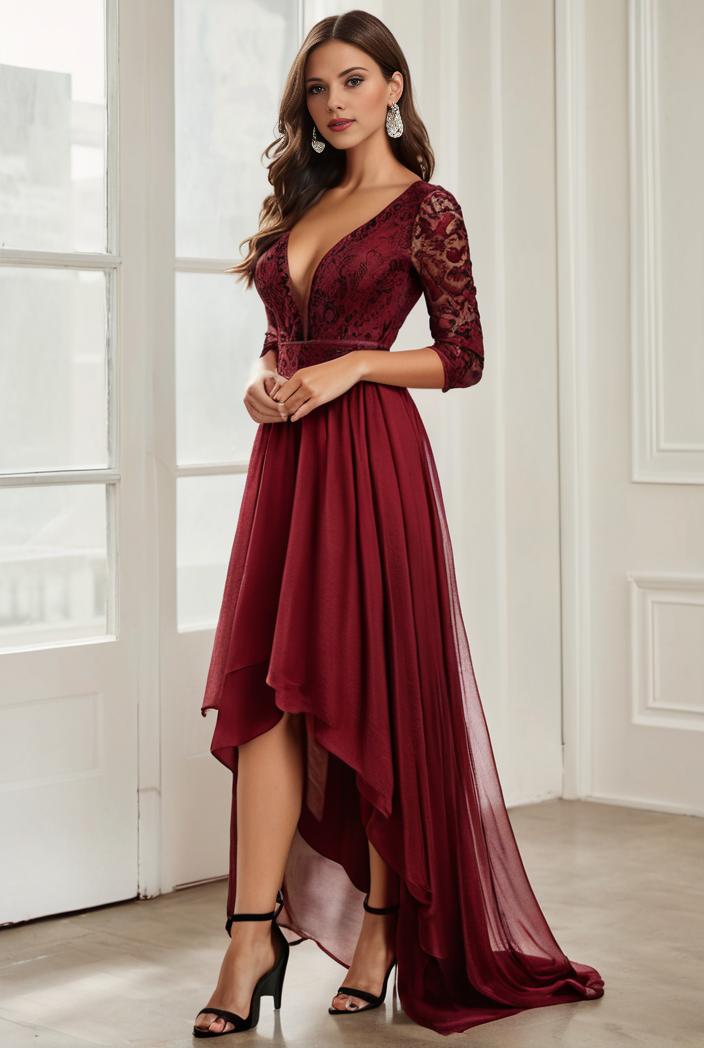 3 4 sleeve sheer sequin stripe high low hem evening dress 132157