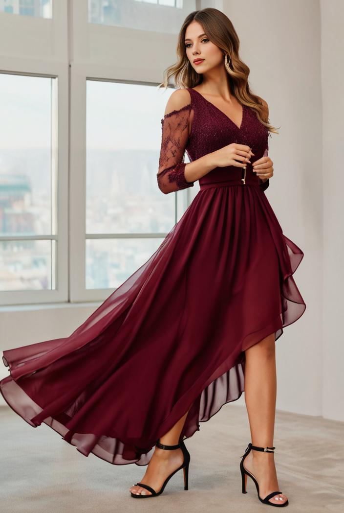 3 4 sleeve sheer sequin stripe high low hem evening dress 132162