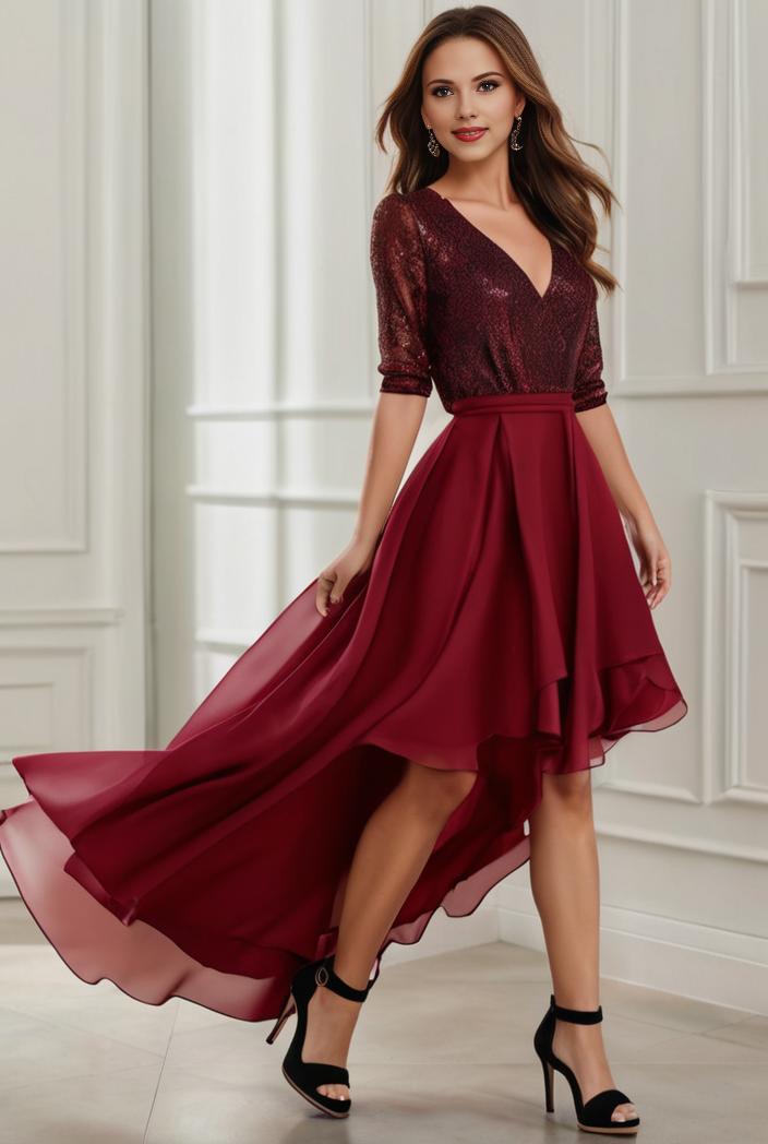 3 4 sleeve sheer sequin stripe high low hem evening dress 132190