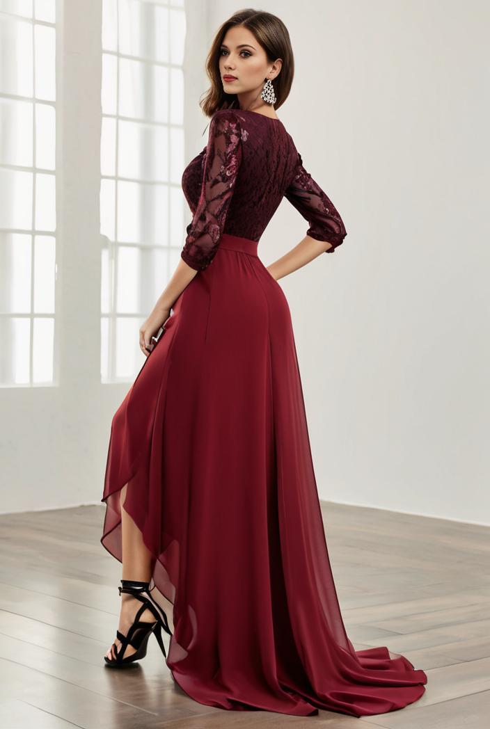 3 4 sleeve sheer sequin stripe high low hem evening dress 132195