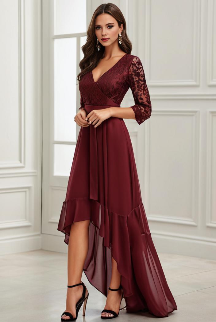 3 4 sleeve sheer sequin stripe high low hem evening dress 132208