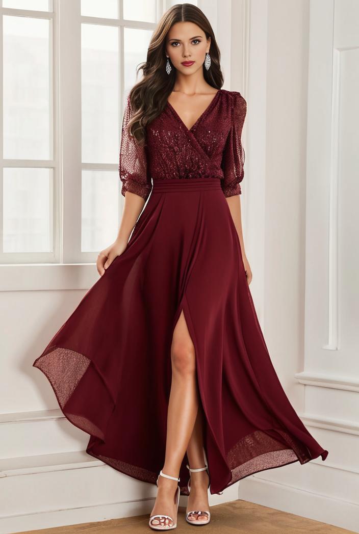 3 4 sleeve sheer sequin stripe high low hem evening dress 132211