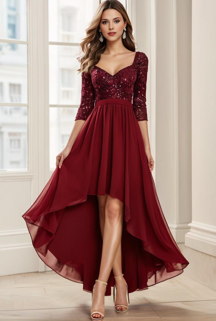 3 4 sleeve sheer sequin stripe high low hem evening dress 132212