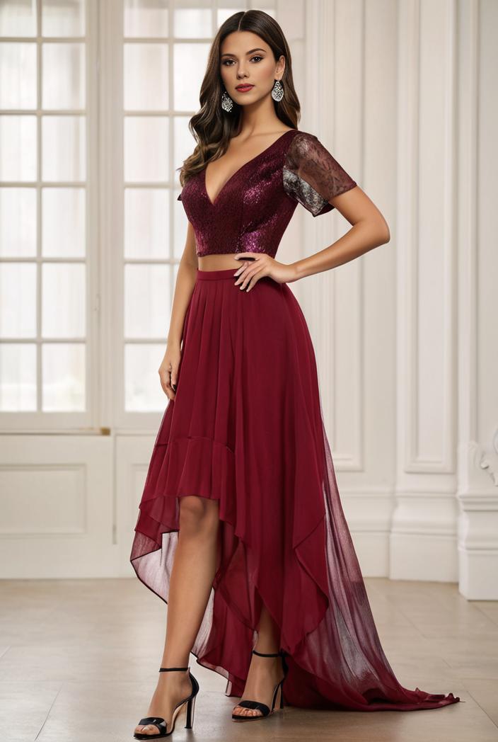 3 4 sleeve sheer sequin stripe high low hem evening dress 130048