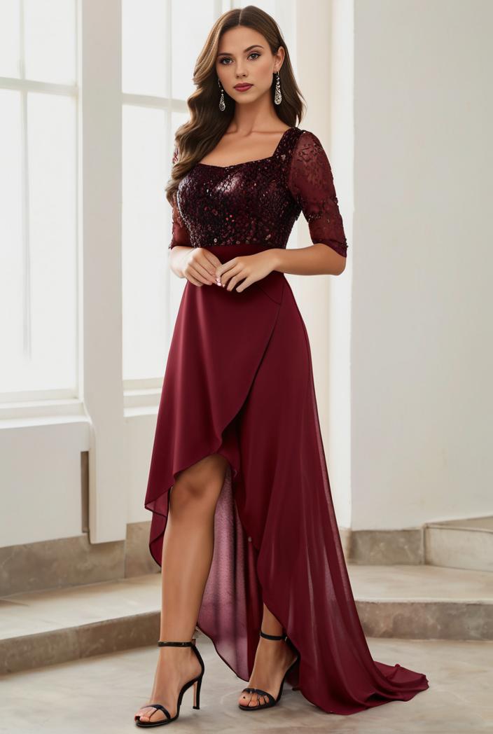 3 4 sleeve sheer sequin stripe high low hem evening dress 130053