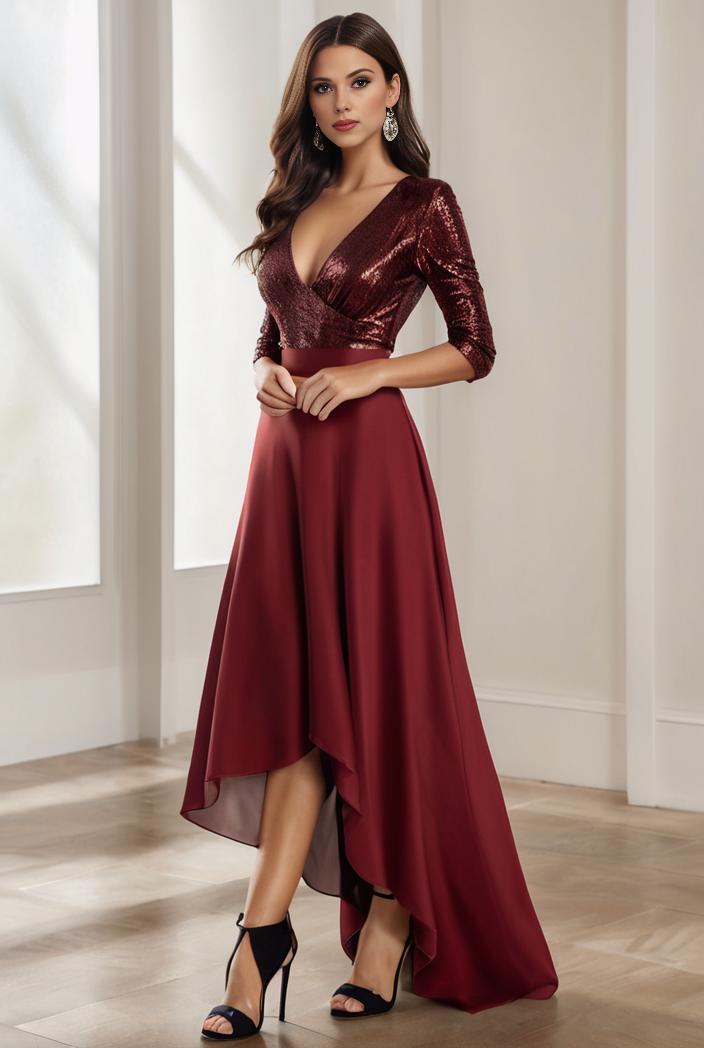 3 4 sleeve sheer sequin stripe high low hem evening dress 130054