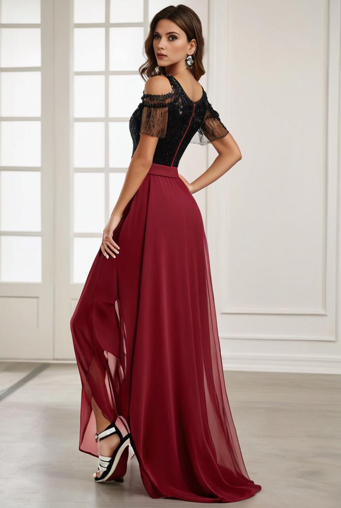 3 4 sleeve sheer sequin stripe high low hem evening dress 130091