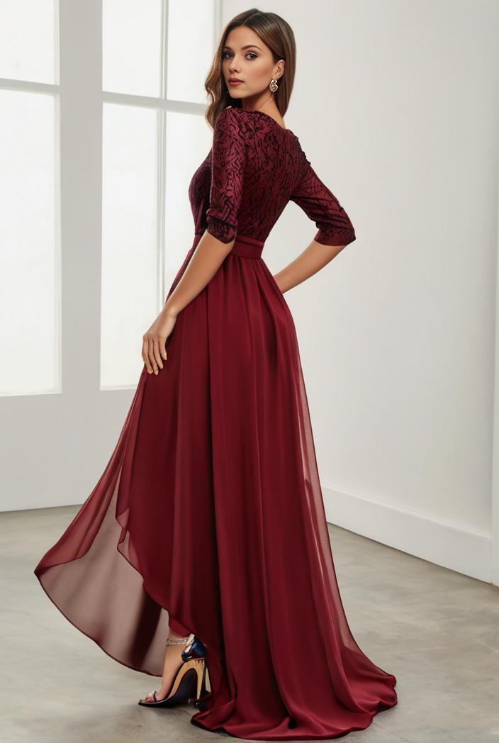 3 4 sleeve sheer sequin stripe high low hem evening dress 130096