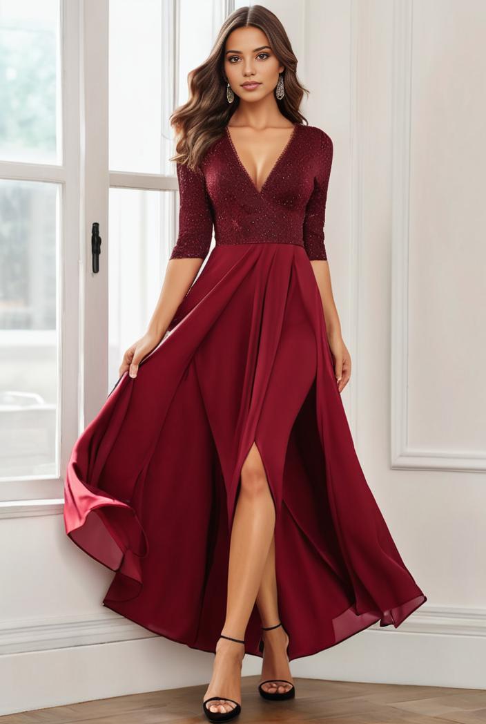 3 4 sleeve sheer sequin stripe high low hem evening dress 128789