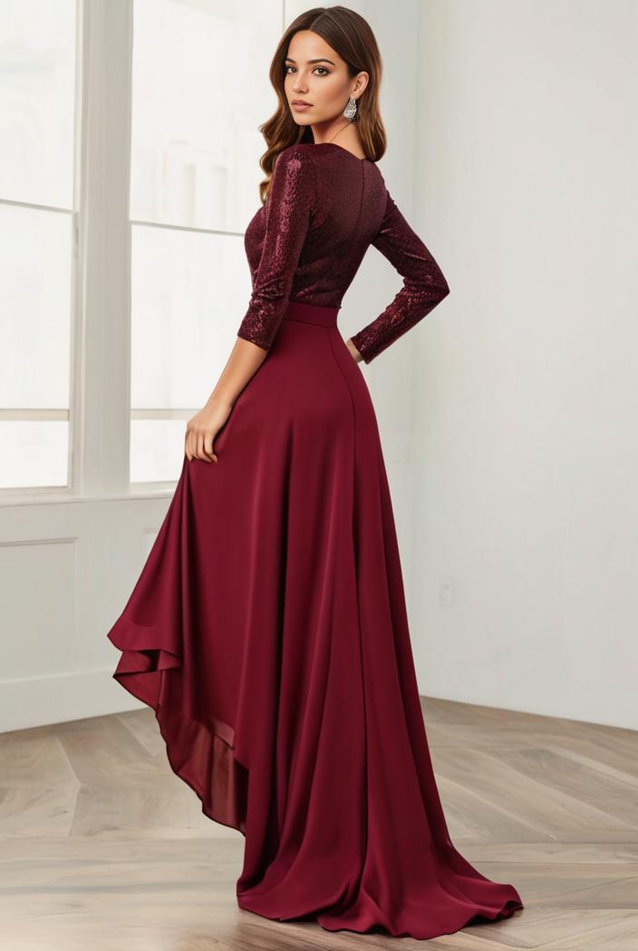 3 4 sleeve sheer sequin stripe high low hem evening dress 128793