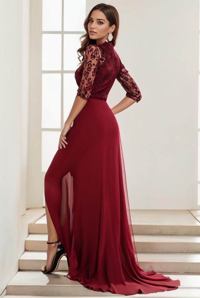 3 4 sleeve sheer sequin stripe high low hem evening dress 128798