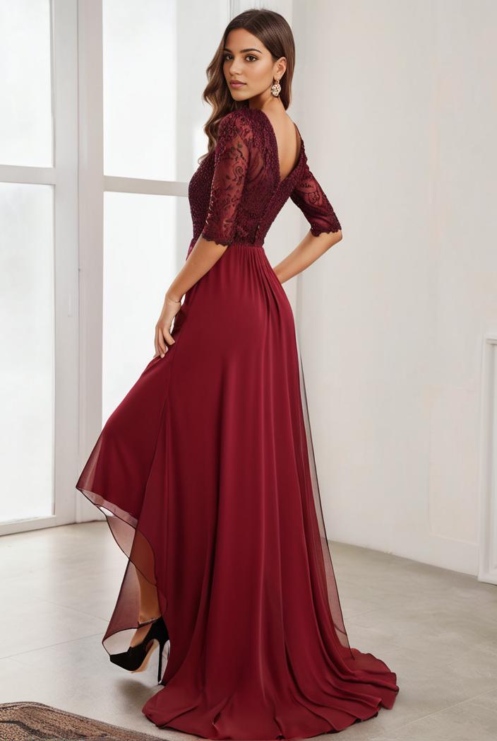 3 4 sleeve sheer sequin stripe high low hem evening dress 128812