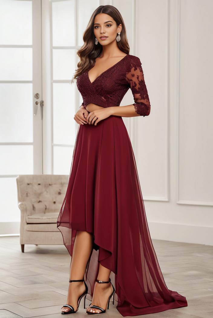 3 4 sleeve sheer sequin stripe high low hem evening dress 128819