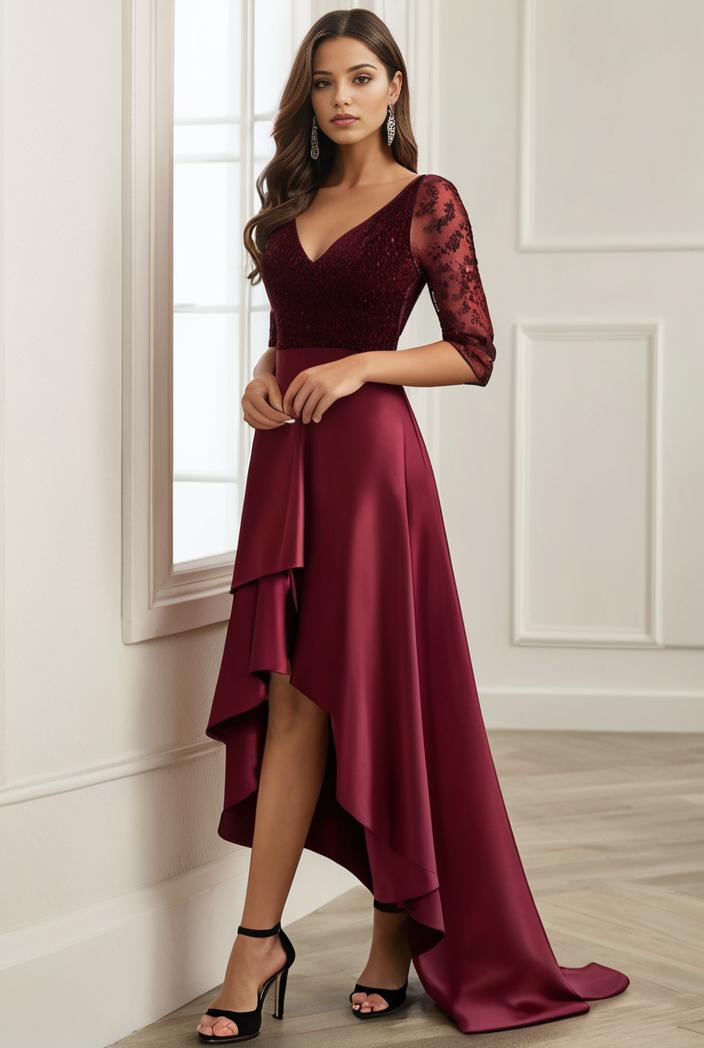 3 4 sleeve sheer sequin stripe high low hem evening dress 128820