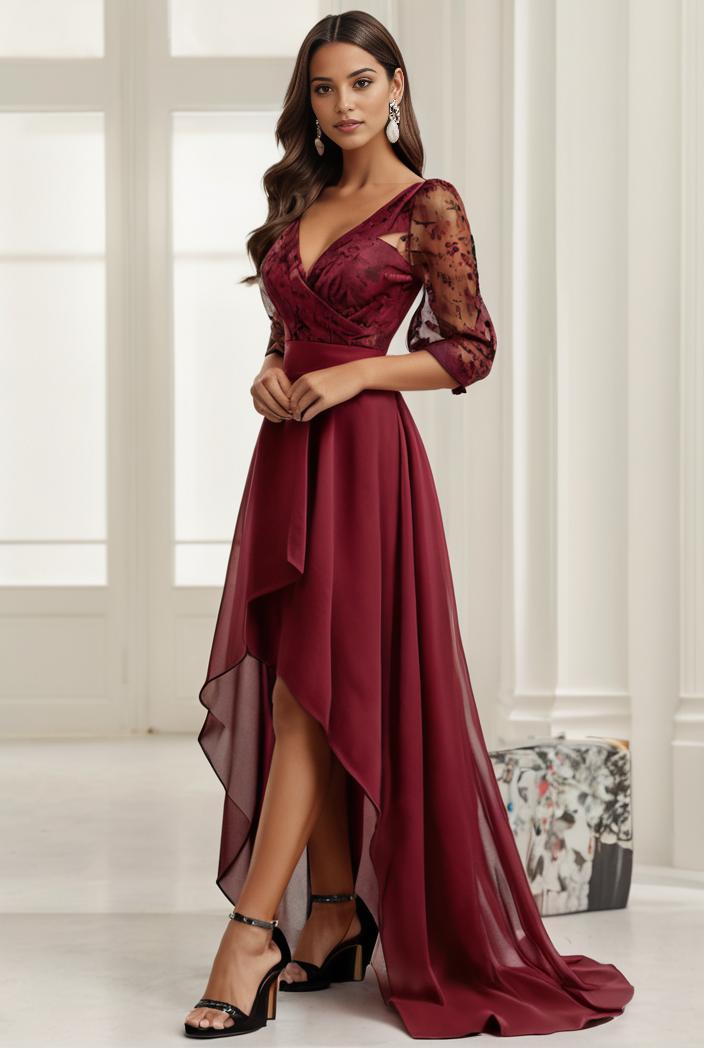 3 4 sleeve sheer sequin stripe high low hem evening dress 128821