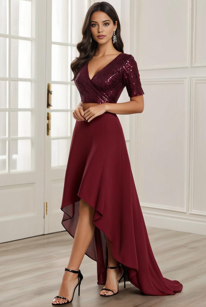 3 4 sleeve sheer sequin stripe high low hem evening dress 128822