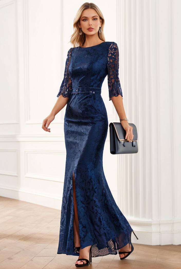 3 4 sleeve bodycon plunging back sequin evening dress 141982