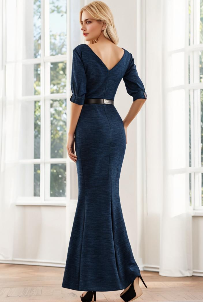 3 4 sleeve bodycon plunging back sequin evening dress 137886