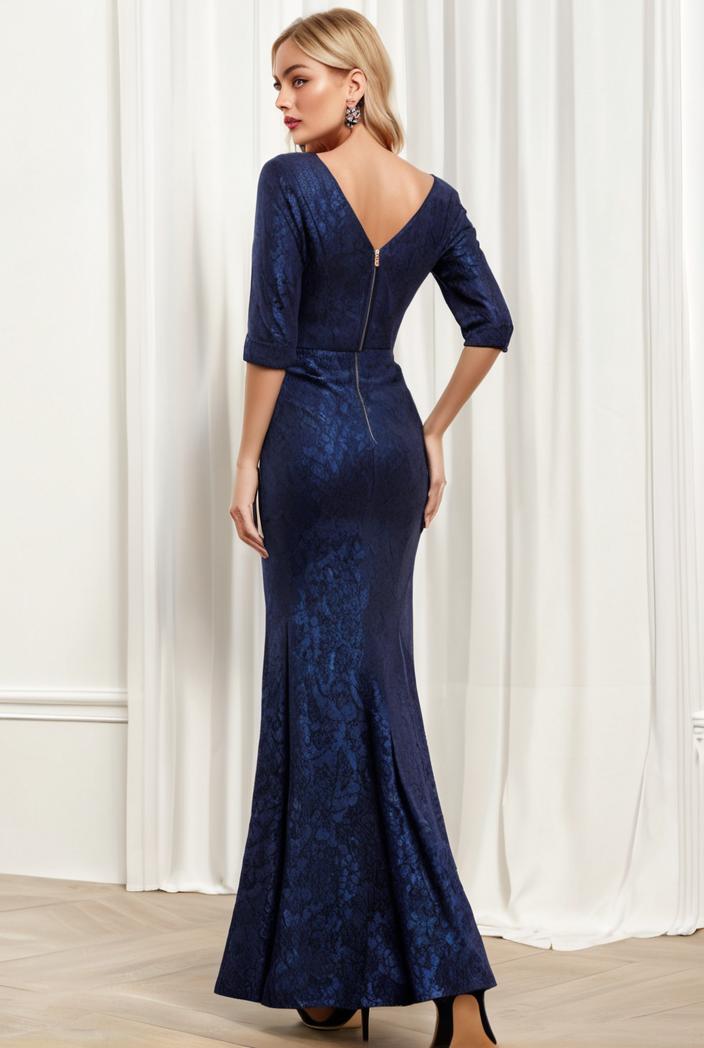 3 4 sleeve bodycon plunging back sequin evening dress 137889